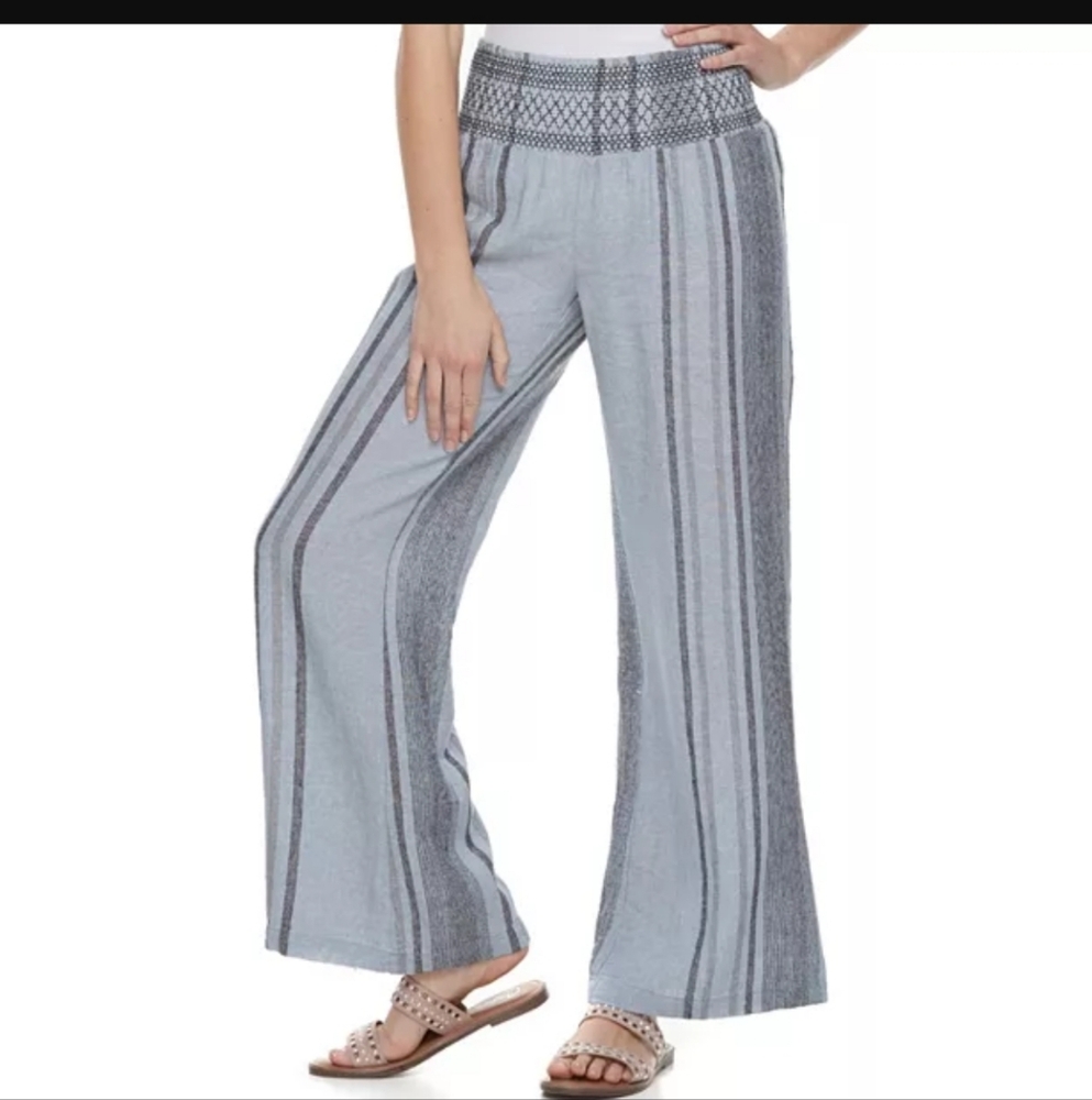 Indigo Rein Blue Stripe Linen Boho Beach Wide Leg Lants XL